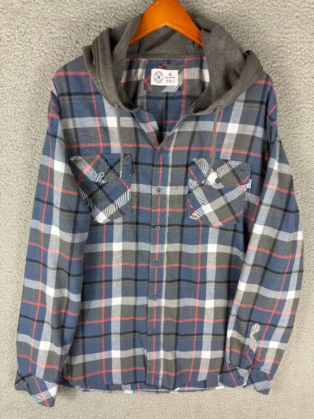 Hurley Men's XL Plaid Hooded Flannel Shirt Blue Gray Red Button Front